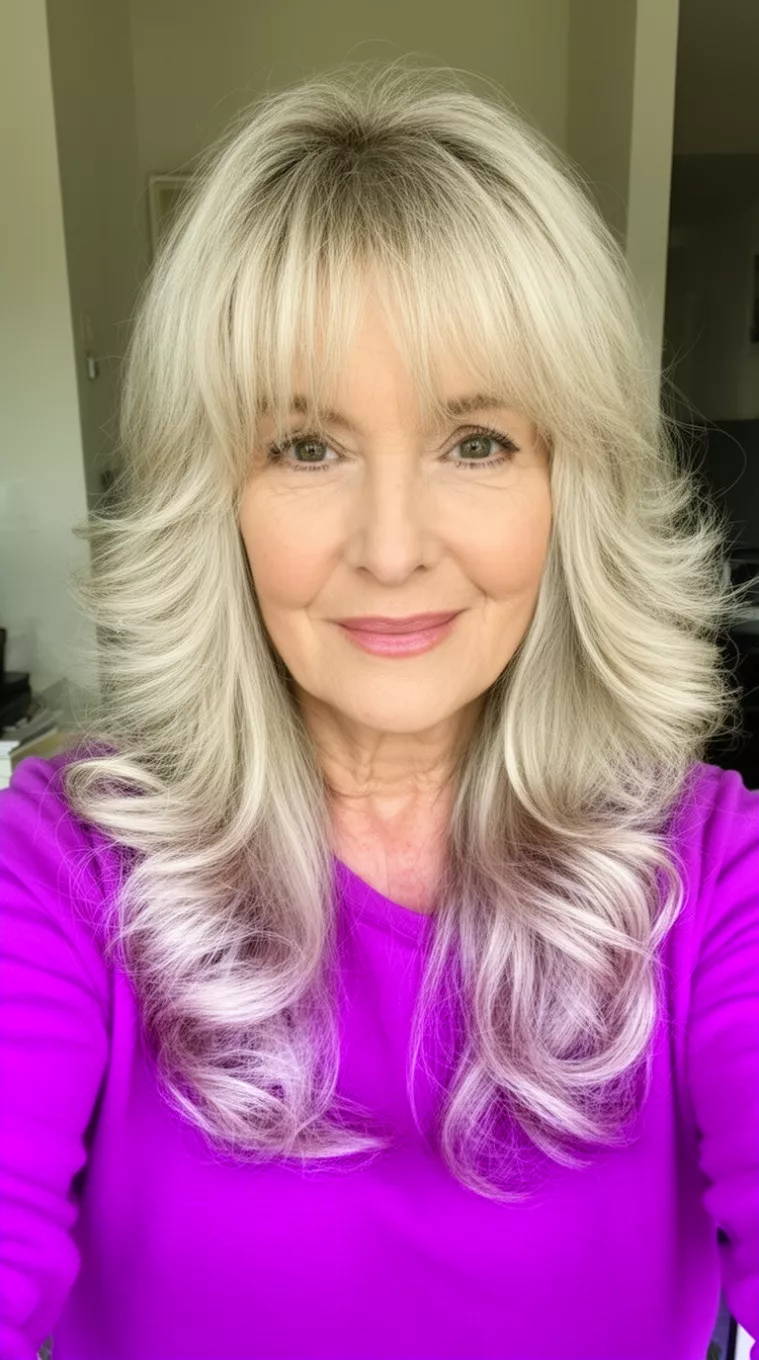 Ash Blonde Wavy Volume selfie of a 67-year-old woman wearing a bright purple top with long, wavy, ash blonde hair styled with volume and gentle bangs, minimal background