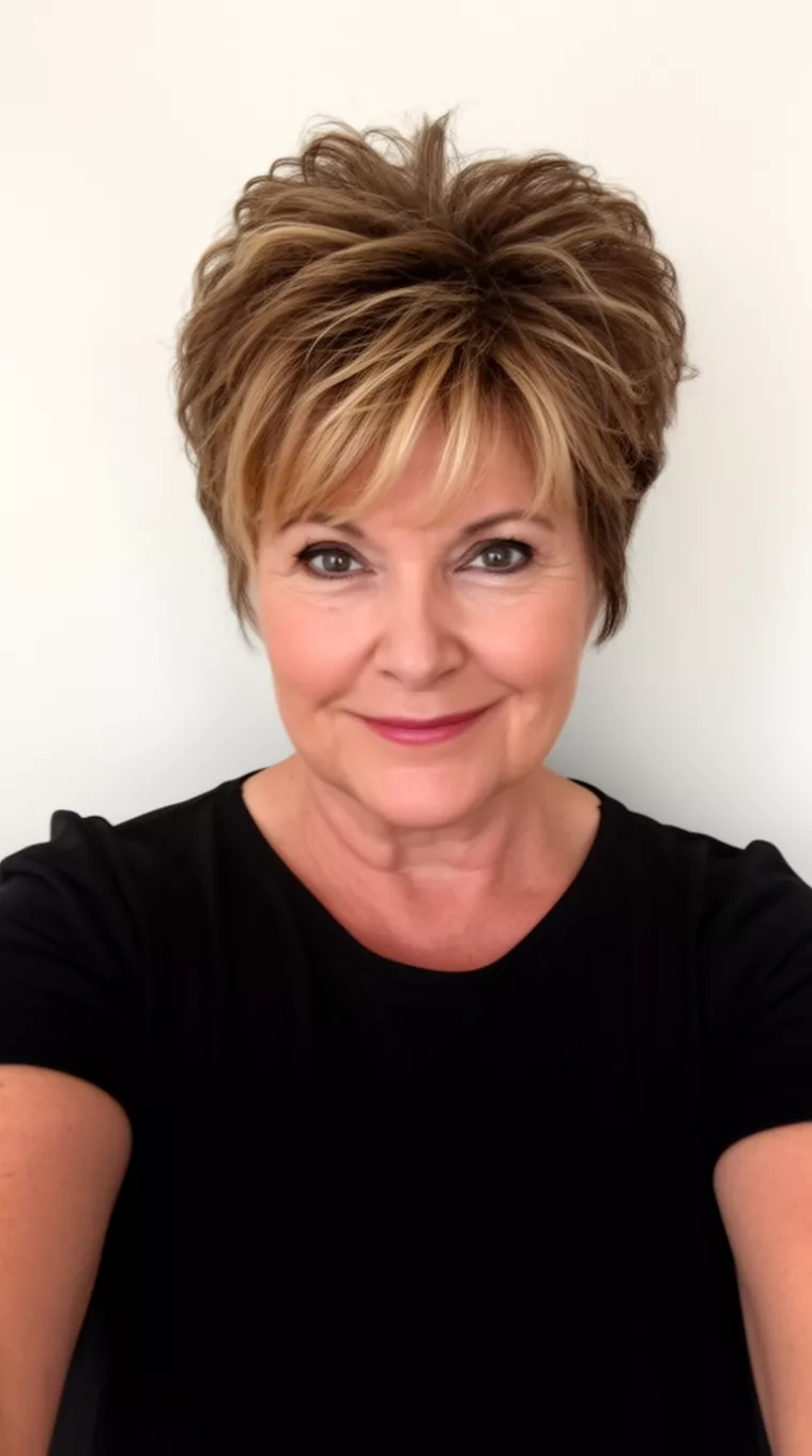 Brown Volume with Blonde Highlights selfie of a 66-year-old woman wearing a black top with a short, layered brown hairstyle with blonde highlights and volume, minimal background