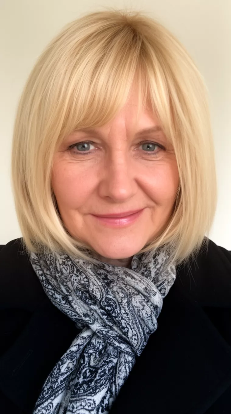 Sleek Blonde Layered Bob casual close-up photo of a 62-year-old woman wearing a black coat and patterned scarf with a blonde, slightly layered, sleek bob hairstyle, minimal background