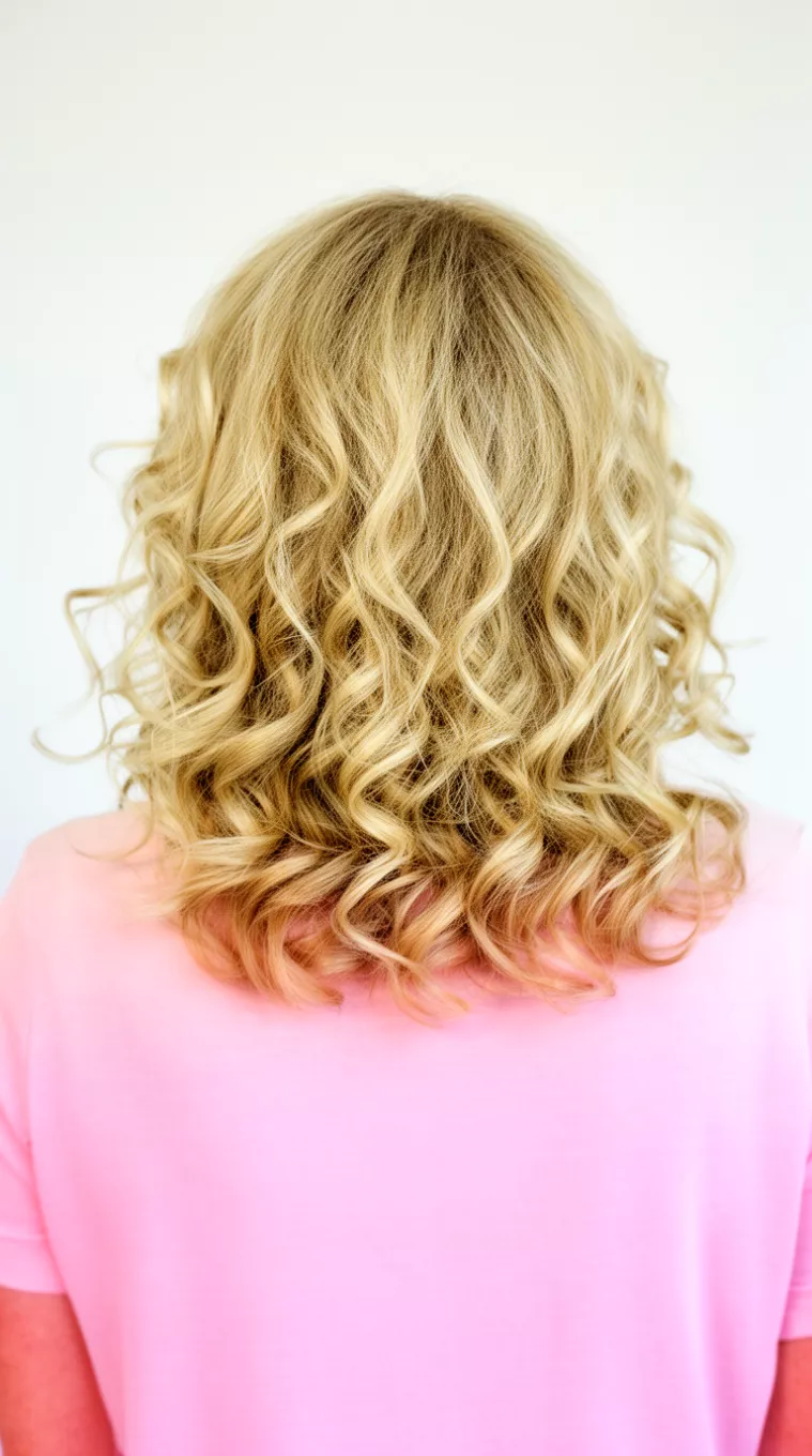 Wavy Blonde Curly Mid-Length casual close-up photo of a 65-year-old woman wearing a light pink top with a blonde, wavy, medium-length curly hairstyle, back view, minimal background