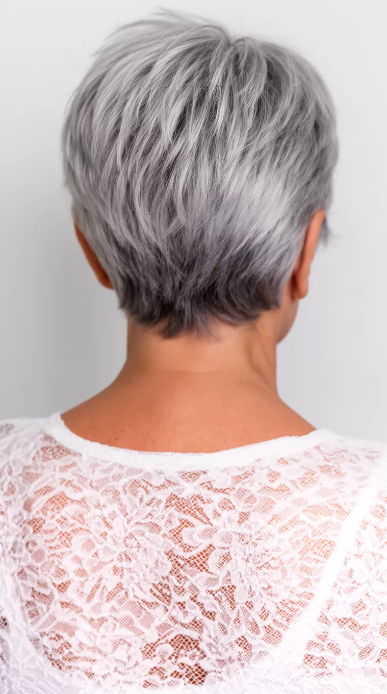 Feathered Silver Layers casual close-up photo of a 69-year-old woman wearing a white lace top with a short, feathered silver hairstyle, back view, minimal background