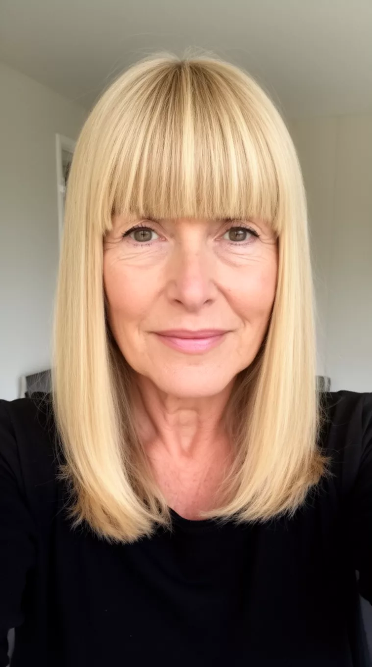 Blonde Bob with Blunt Bangs selfie of a 60-year-old woman wearing a black top with a straight, medium-length blonde hairstyle and blunt bangs, minimal background