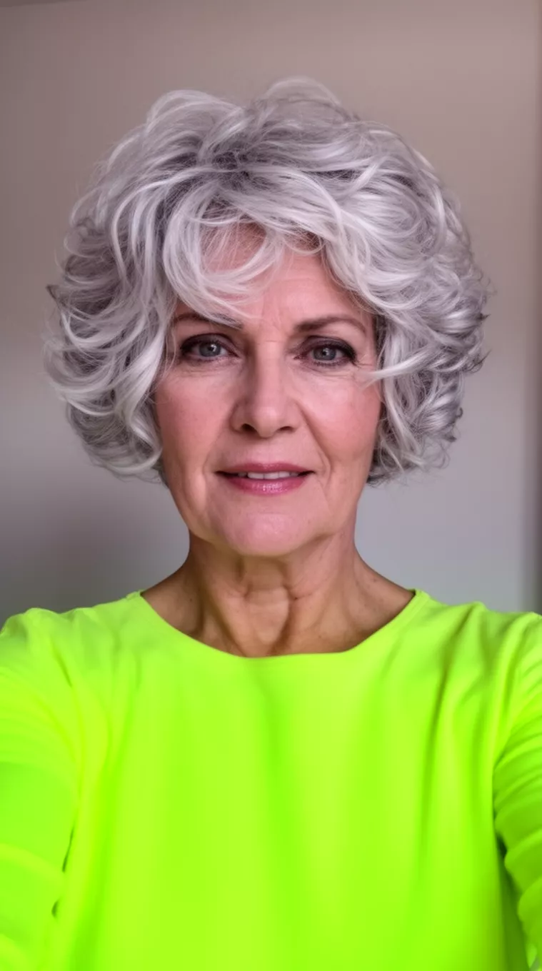 Voluminous Platinum Wavy Crop selfie of a 63-year-old woman wearing a bright lime-green top with a voluminous, layered, platinum blonde-grey wavy short hairstyle, minimal background