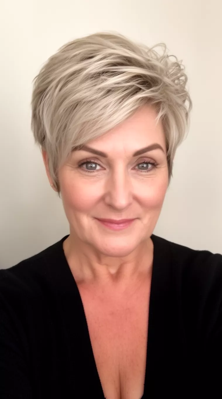 Swept Lighter Ash Blonde Cut selfie of a 64-year-old woman wearing a black cardigan with a short, swept, layered lighter ash blonde hairstyle, minimal background