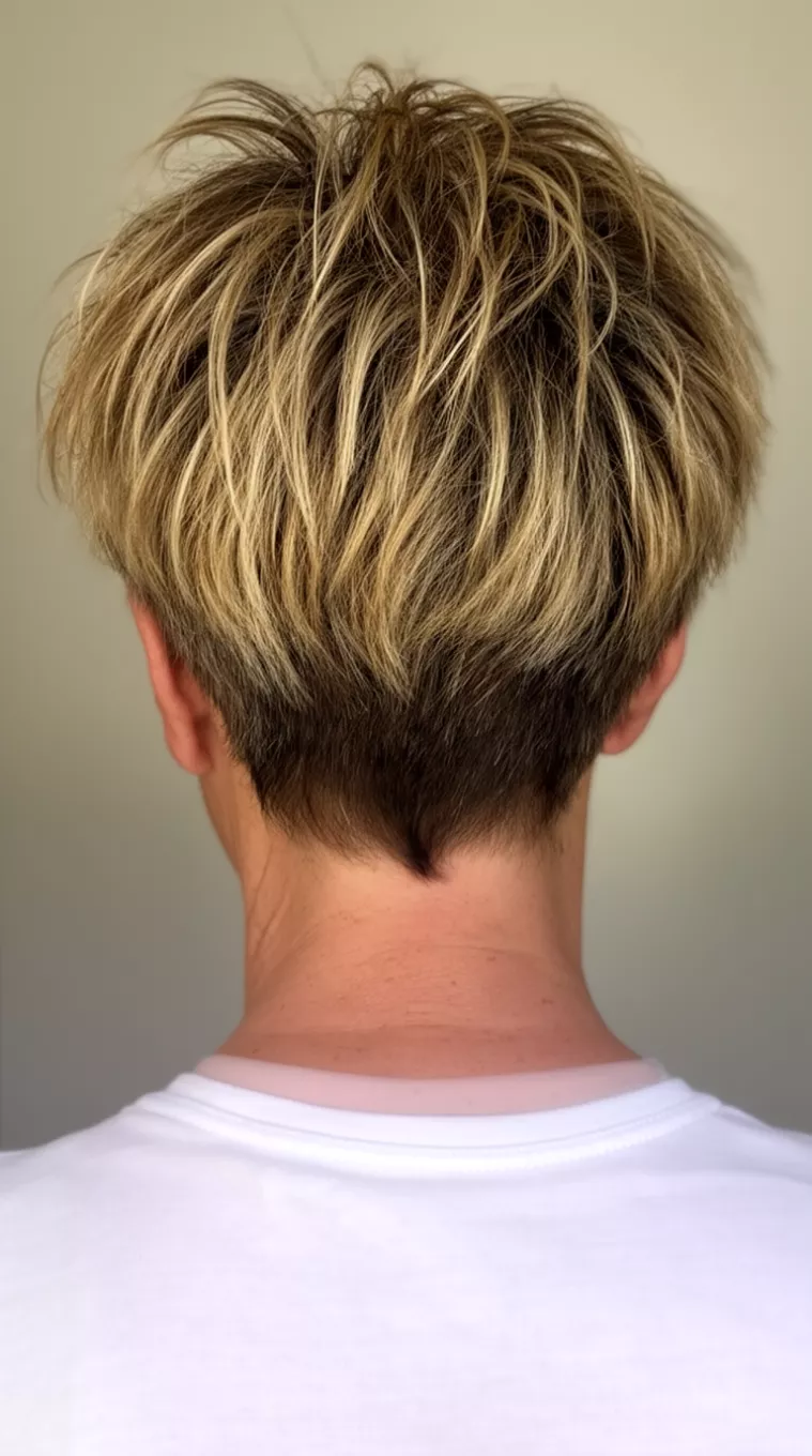 Messy Highlighted Short Crop casual close-up photo of a 65-year-old woman wearing a white top with a messy, layered blonde and brown highlighted short crop hairstyle, back view, minimal background
