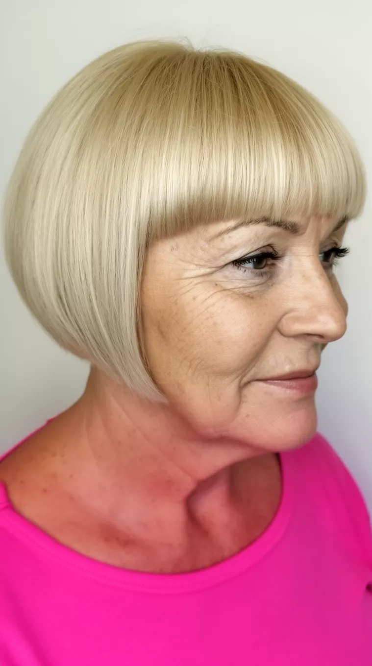 Platinum Blonde Bowl Cut casual close-up photo of a 69-year-old woman wearing a pink top with a very short, light blonde bowl cut and straight bangs, side view, minimal background