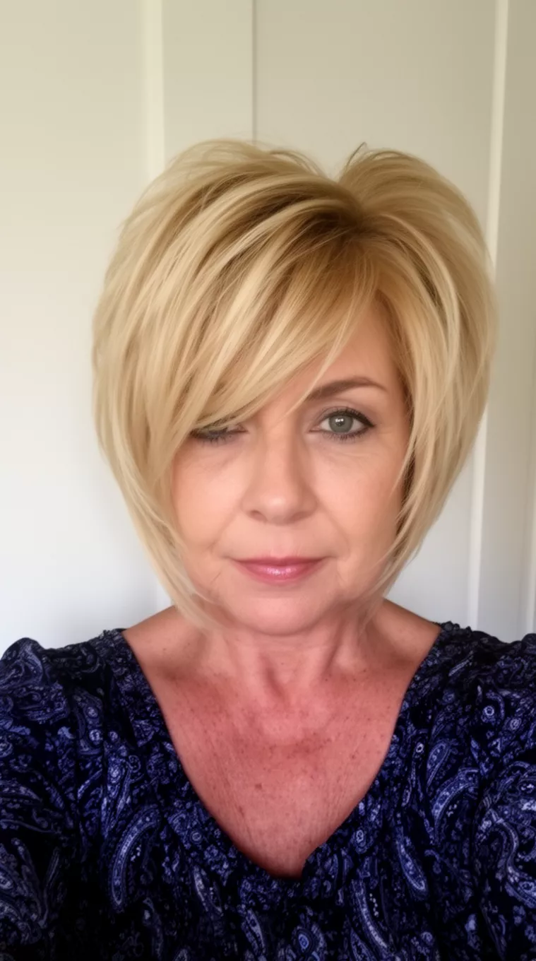Inverted Blonde Volume Bob selfie of a 63-year-old woman wearing a dark patterned top with a voluminous, layered blonde inverted bob hairstyle, minimal background