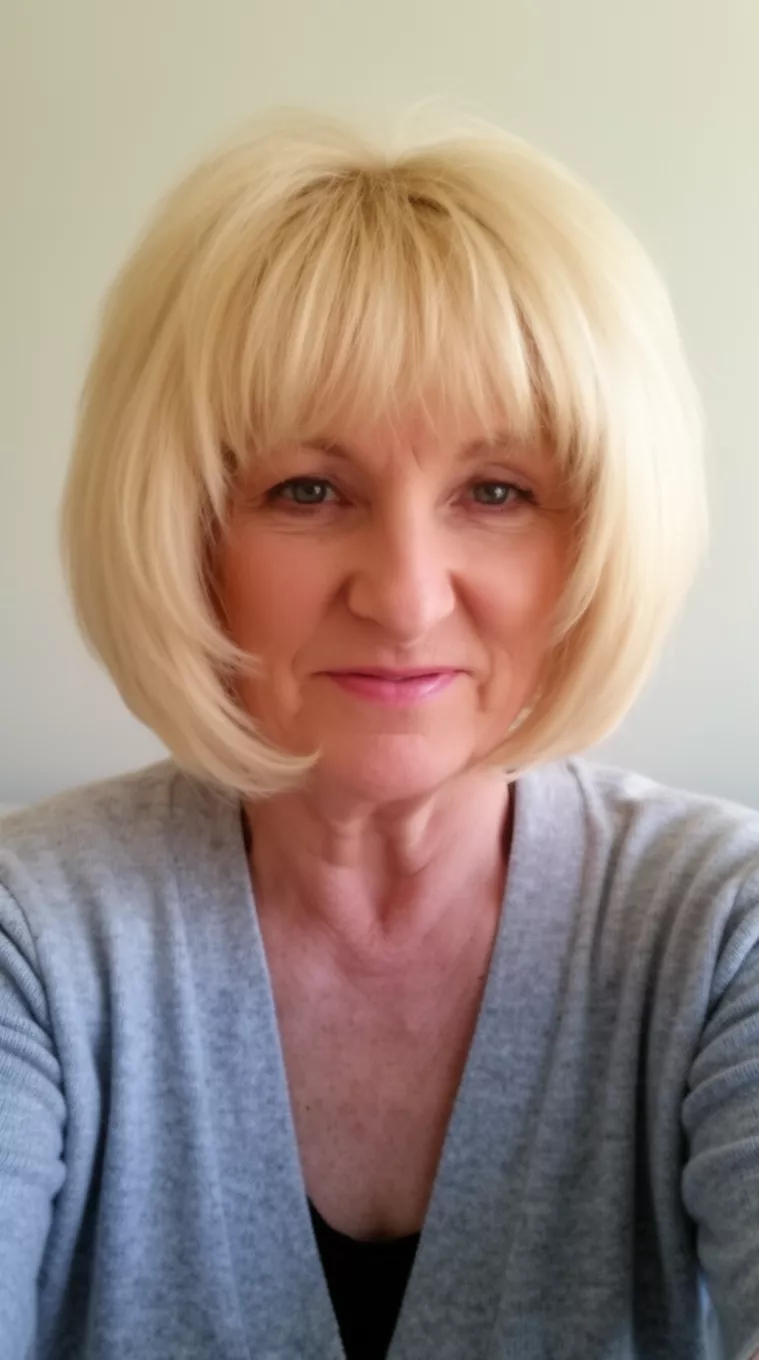 Voluminous A-Line Blonde Bob selfie of a 68-year-old woman wearing a grey cardigan with a voluminous, layered blonde A-line bob hairstyle, minimal background
