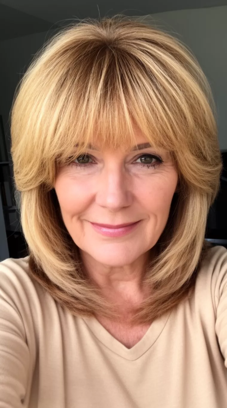 Warm Blonde Voluminous Layers selfie of a 61-year-old woman wearing a beige top with medium-length, layered, warm blonde hair and voluminous side-swept bangs, minimal background