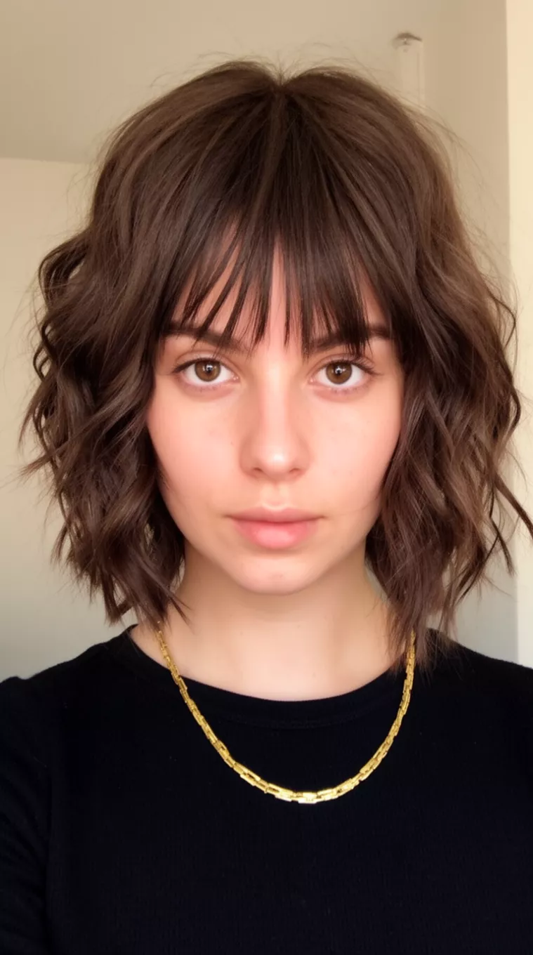 casual close-up photo of a 29-year-old woman wearing a black top and gold necklace with a dark brown wavy chin-length bob and thin piecey side-swept bangs hairstyle, minimal background