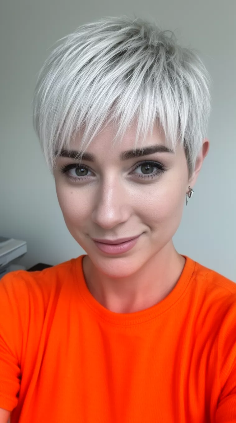 selfie of a 27-year-old woman wearing an orange top with a platinum blonde layered pixie cut with very short piecey bangs hairstyle, minimal background