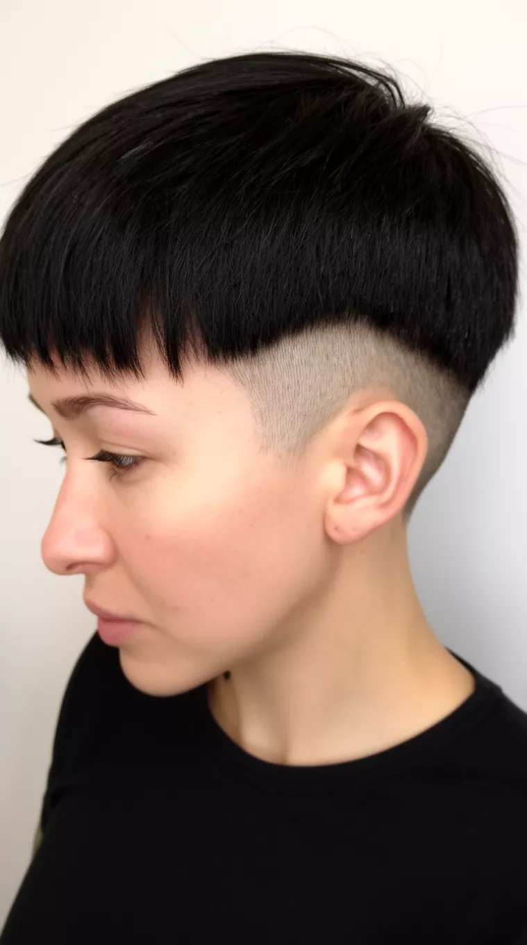 side view casual close-up photo of a 32-year-old woman wearing a black top with a very short black hair with a very slight fringe and shaved sides hairstyle, side view, minimal background