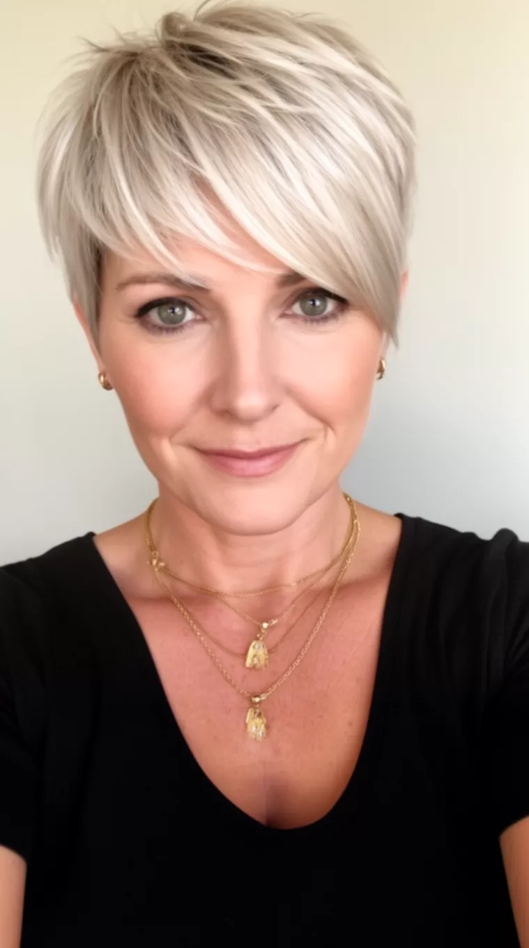 selfie of a 37-year-old woman wearing a black top and gold jewelry with a short layered platinum blonde hair with side-swept bangs hairstyle, minimal background