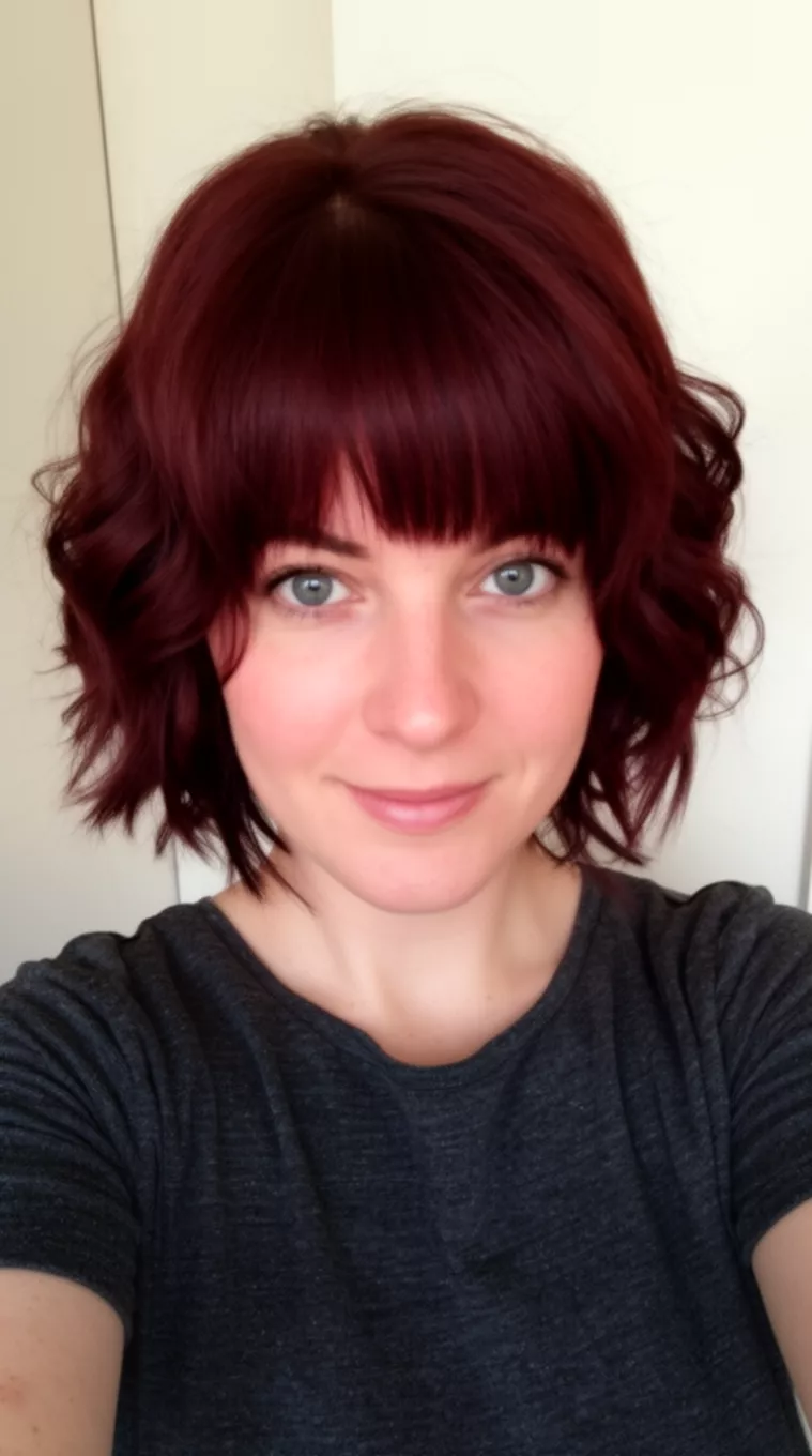 selfie of a 36-year-old woman wearing a dark grey top with a dark auburn wavy bob and feathered face-framing bangs hairstyle, minimal background