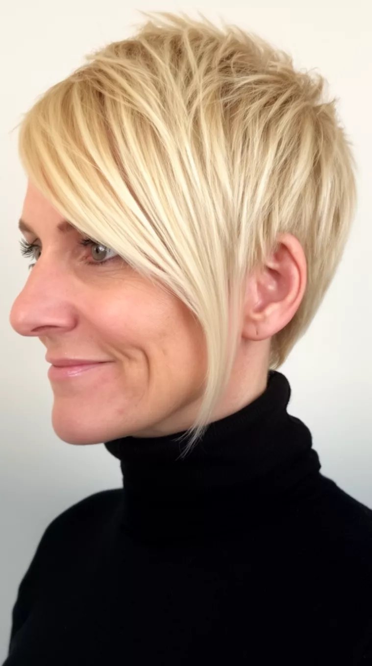 side view casual close-up photo of a 42-year-old woman wearing a black turtleneck top with a bright blonde textured pixie cut featuring long sweeping side bangs hairstyle, side view, minimal background