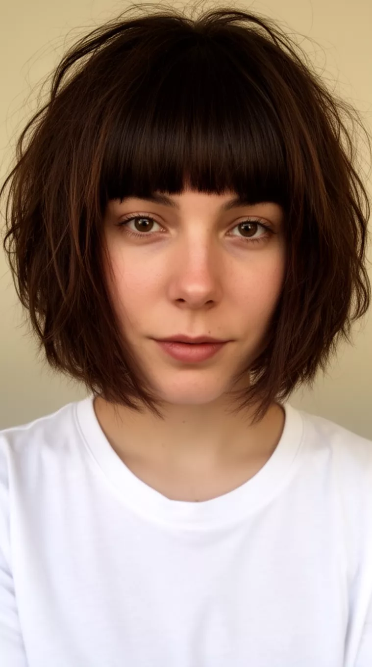 casual close-up photo of a 31-year-old woman wearing a white t-shirt with a dark brown shaggy layered short cut and very short straight micro-bangs hairstyle, minimal background