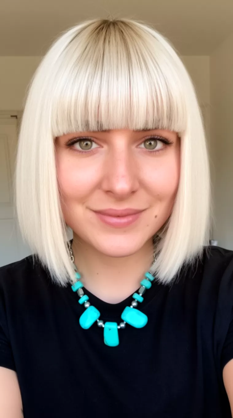 casual close-up photo of a 28-year-old woman wearing a black t-shirt and turquoise necklace with a platinum blonde straight blunt bob and heavy straight-across bangs hairstyle, minimal background