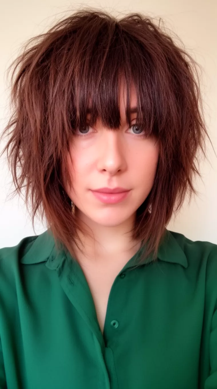 selfie of a 33-year-old woman wearing a dark green collared top with a dark brown choppy shag haircut with longer curtain bangs hairstyle, minimal background