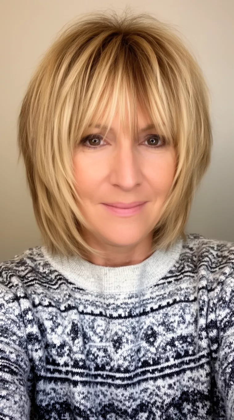 selfie of a 41-year-old woman wearing a patterned sweater with a blonde and brown layered shag cut featuring wispy bangs hairstyle, minimal background