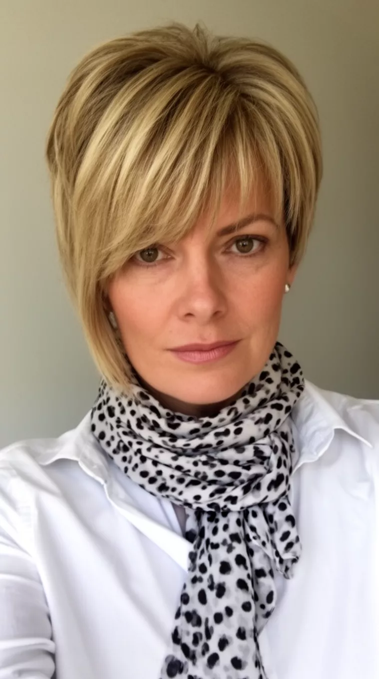 selfie of a 44-year-old woman wearing a white shirt and spotted scarf with a short layered blonde hair styled with thick full side-swept bangs hairstyle, minimal background