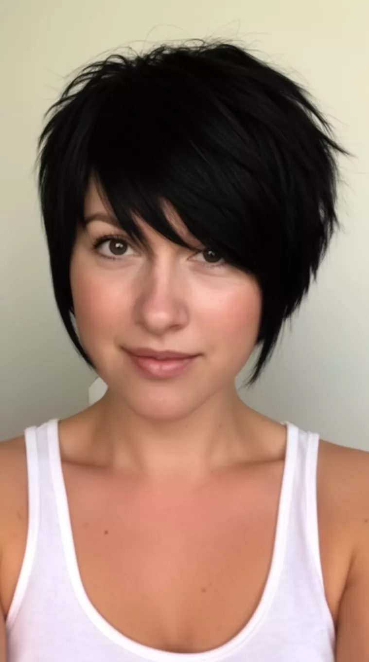 casual close-up photo of a 33-year-old woman wearing a white tank top with a very short jet black hair styled in a choppy pixie with heavy side-swept bangs hairstyle, minimal background