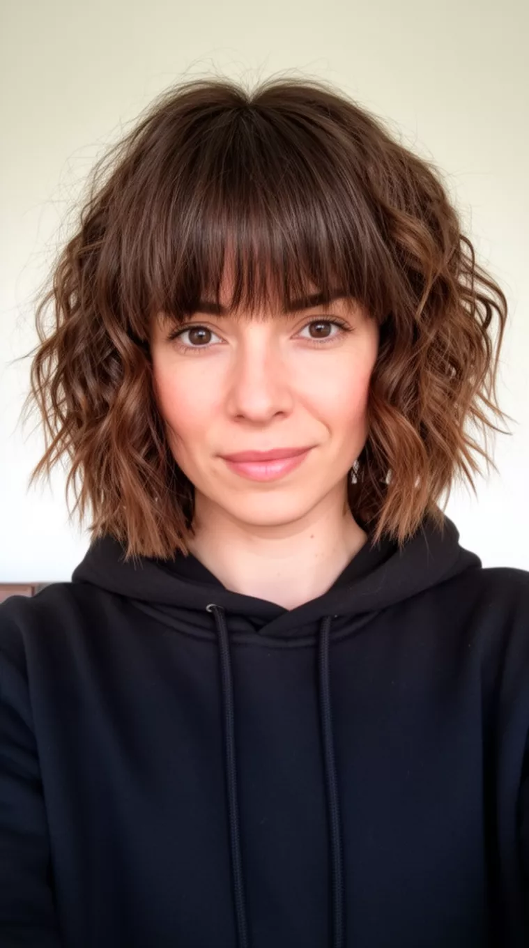 selfie of a 34-year-old woman wearing a black hooded top with a dark brown wavy choppy bob and wispy full bangs hairstyle, minimal background