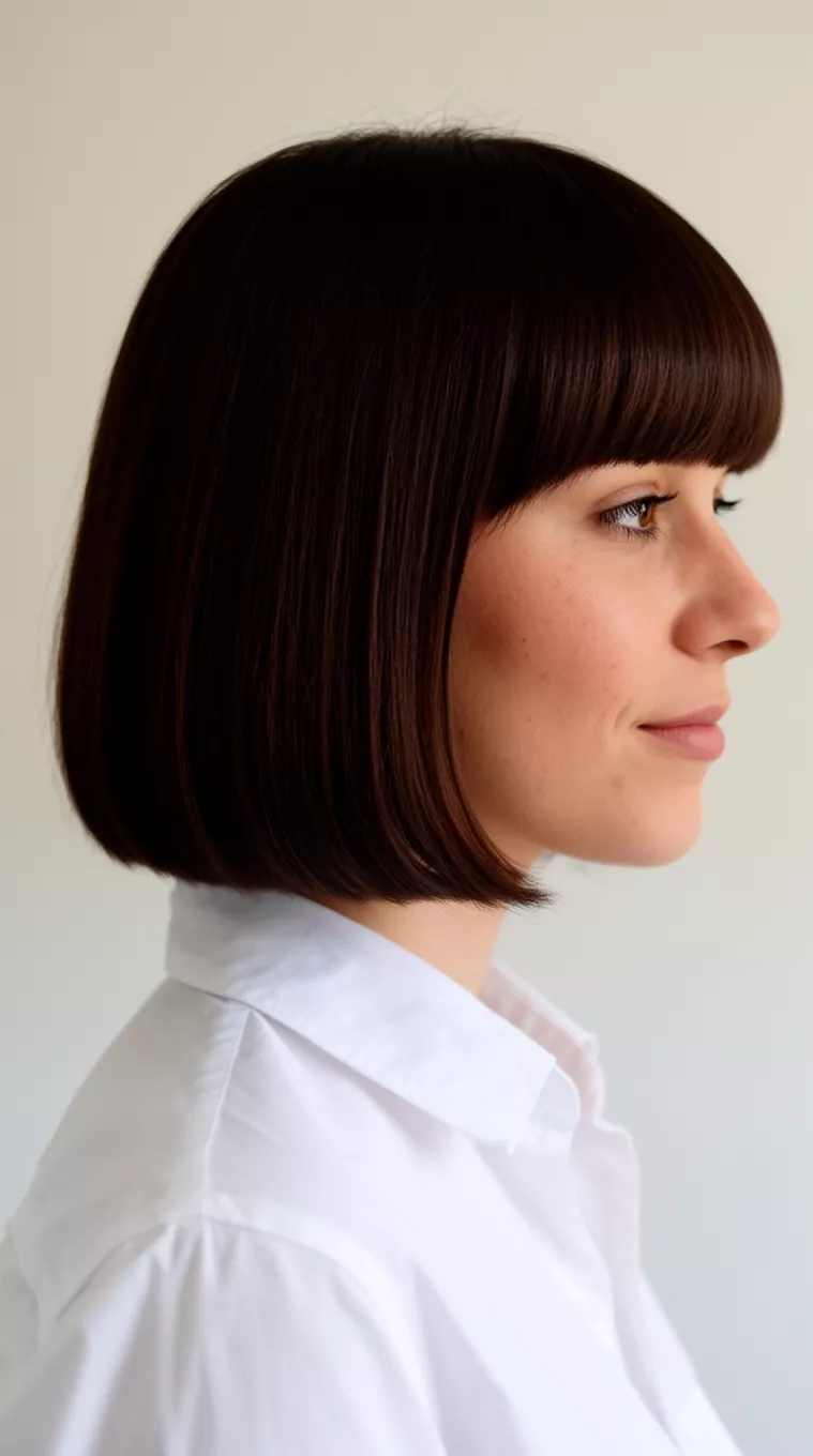 side view casual close-up photo of a 31-year-old woman wearing a white collared shirt with a dark brown smooth chin-length bob and straight fringe bangs hairstyle, side view, minimal background