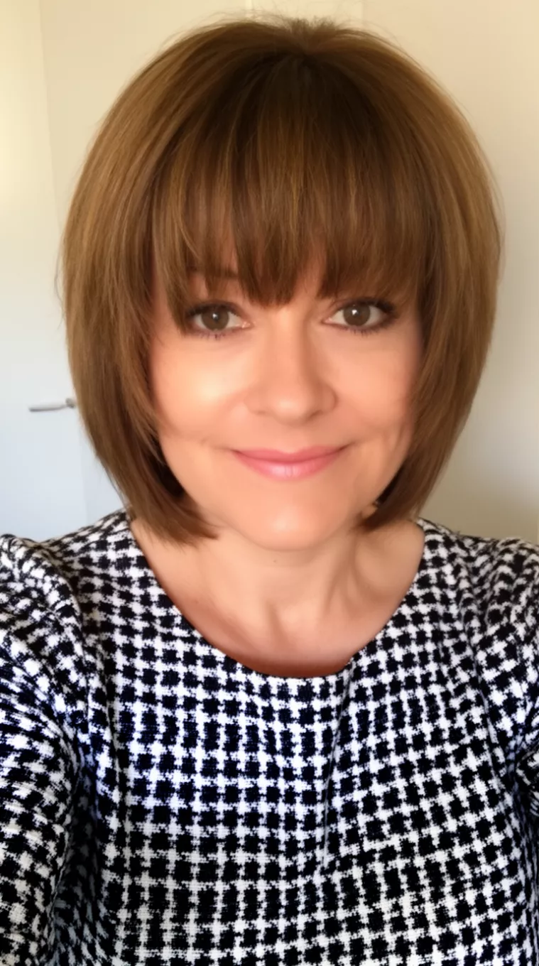 selfie of a 39-year-old woman wearing a black and white checked top with a medium brown layered bob and heavy piecey fringe bangs hairstyle, minimal background