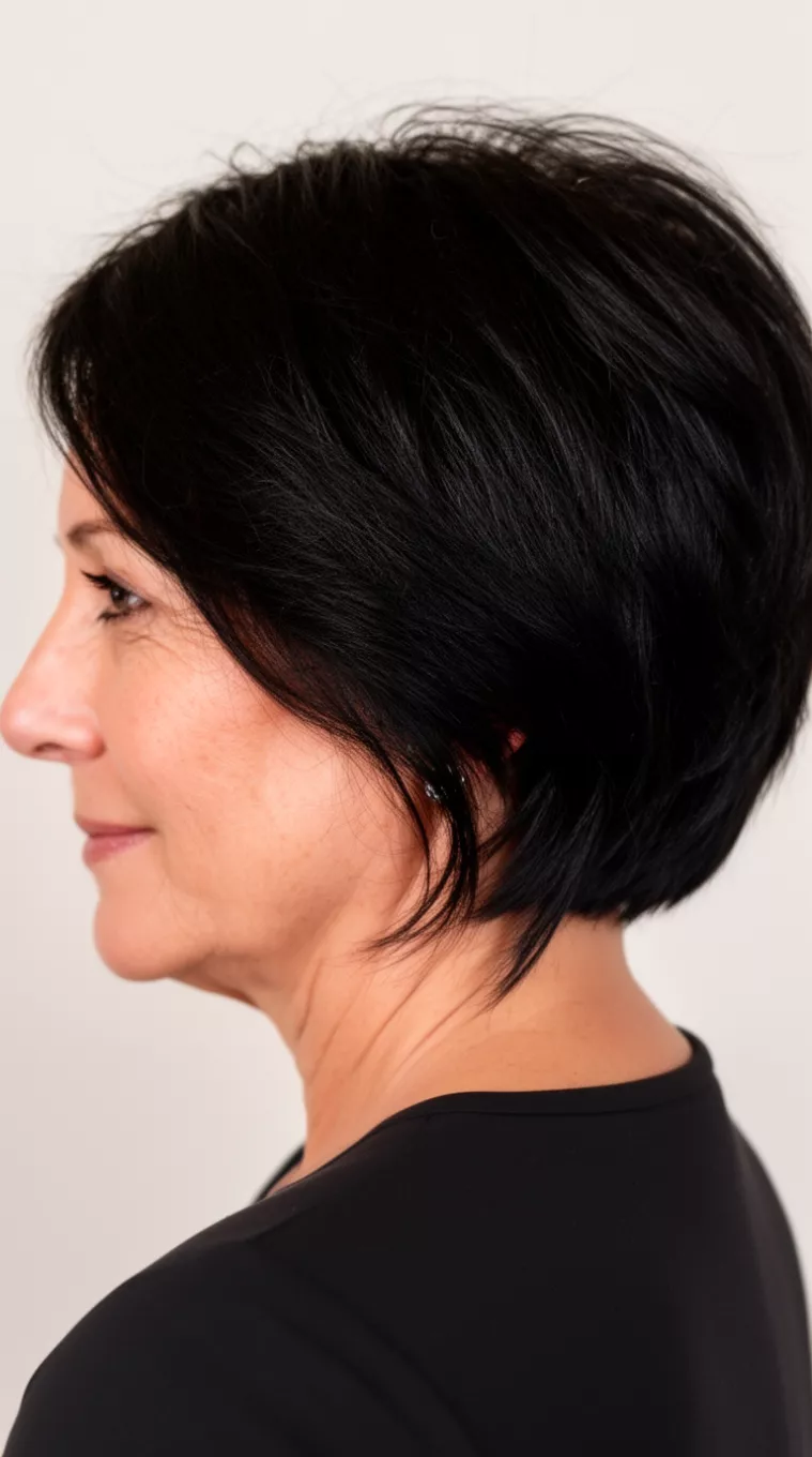 side view casual close-up photo of a 45-year-old woman appearing professional with a dark black short side-swept hair hairstyle, side view, minimal background