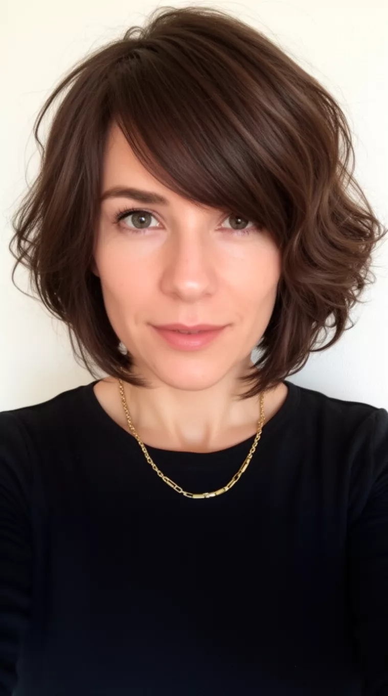 selfie of a 35-year-old woman wearing a black top and gold necklace with a dark brown layered slightly wavy bob and sweeping side bangs hairstyle, minimal background