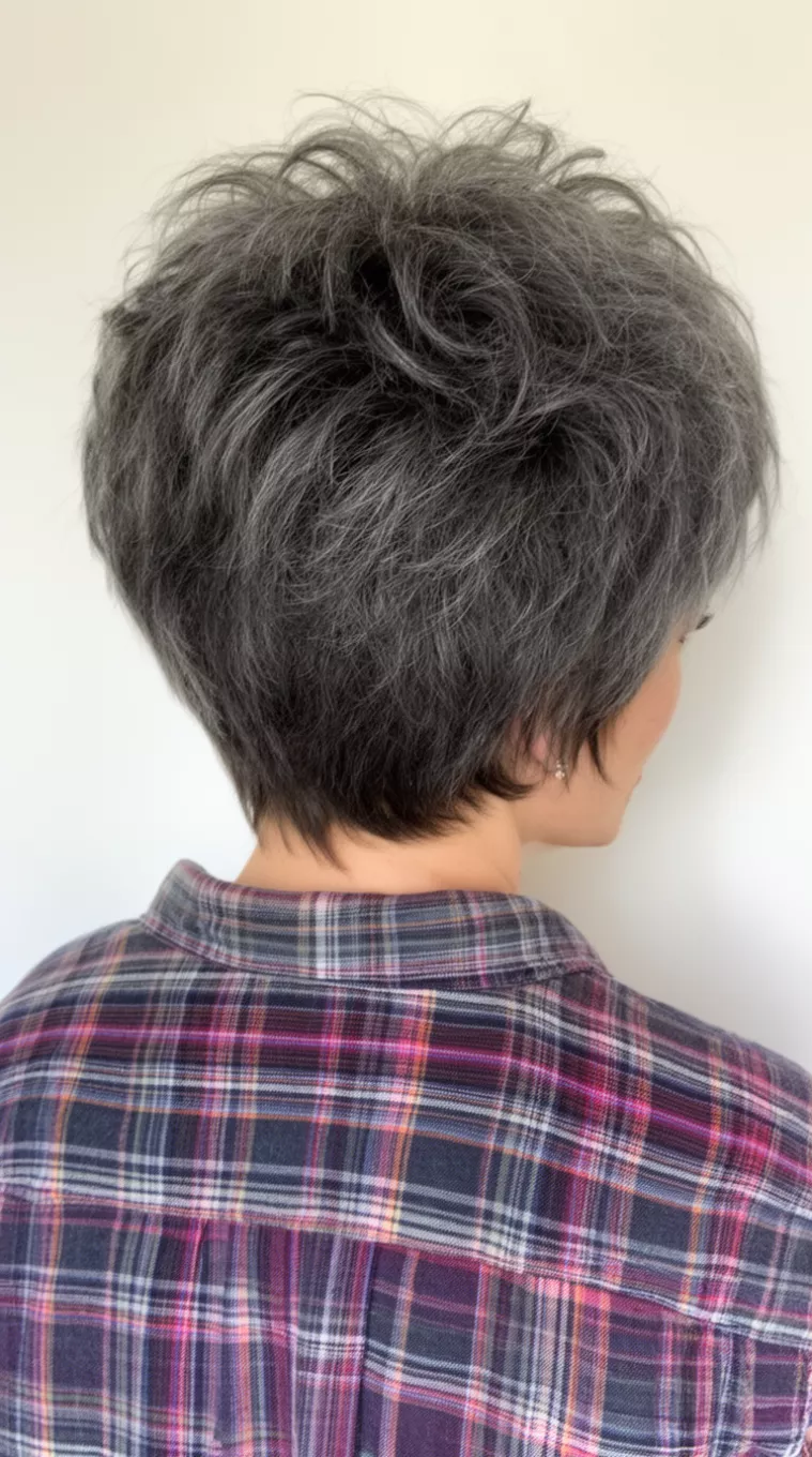 casual close-up photo of a 44-year-old woman wearing a plaid shirt with a voluminous dark gray textured pixie cut, back view, white wall background
