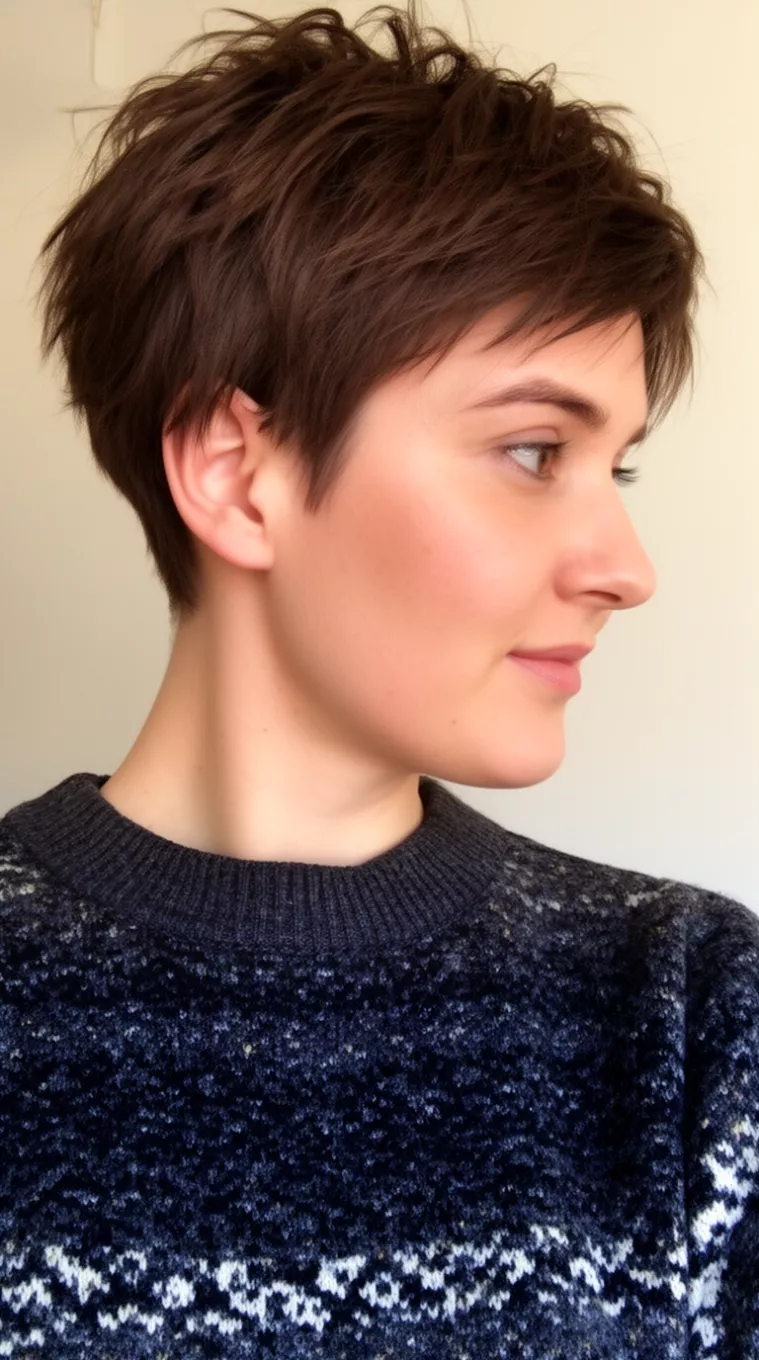 casual close-up photo of a 30-year-old woman wearing a dark patterned sweater with a short, dark brown, slightly messy pixie hairstyle, side view, minimal background