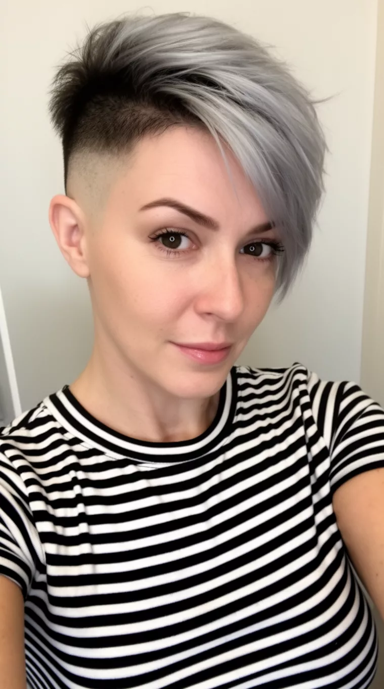 selfie of a 36-year-old woman wearing a black and white striped top with an edgy, undercut pixie featuring dark roots and silvery-grey layers, minimal background