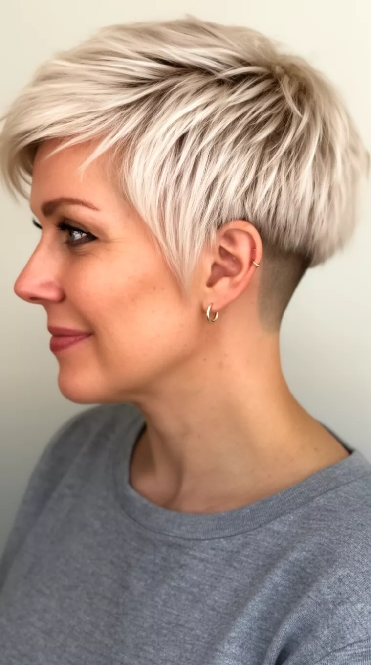 casual close-up photo of a 40-year-old woman wearing a grey top with a long, layered, platinum blonde pixie hairstyle with an undercut, side view, minimal background