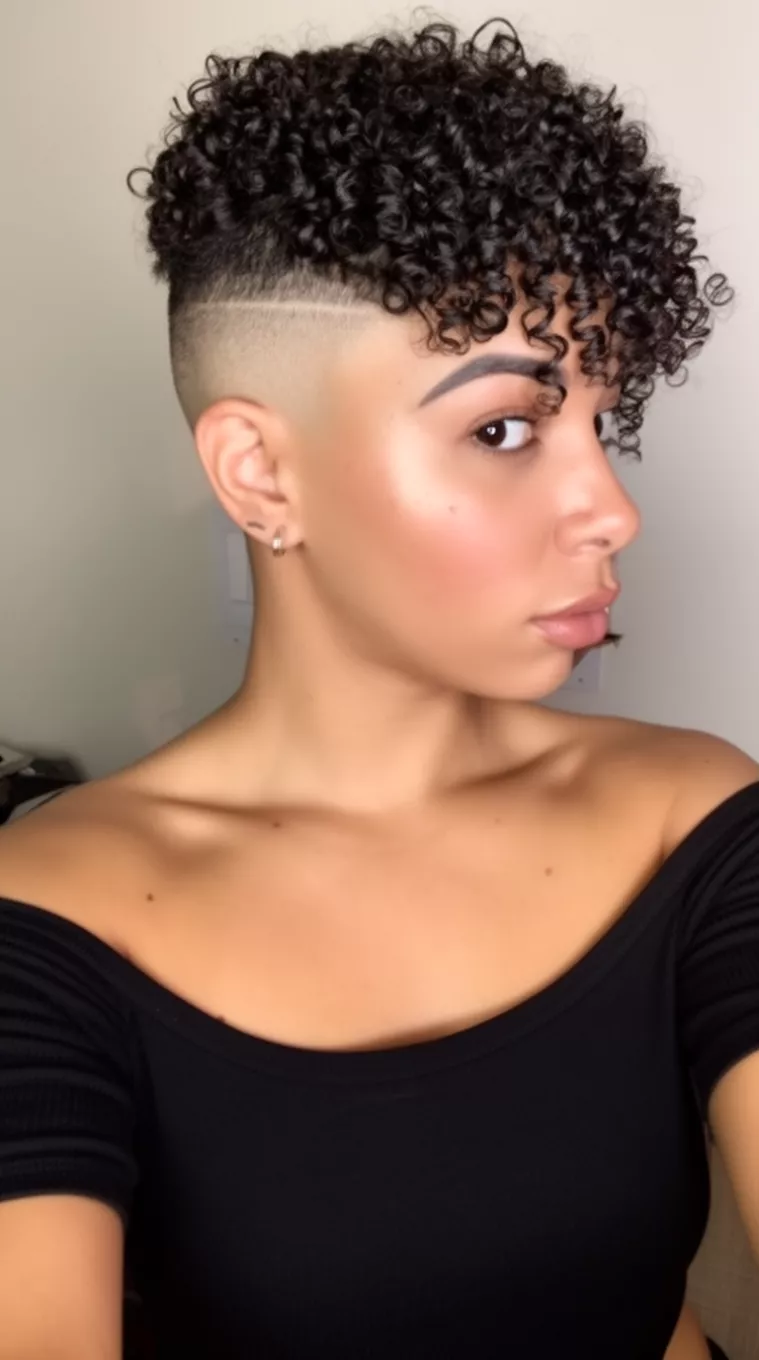 selfie of a 29-year-old woman wearing a black off-the-shoulder top with a very short, dark, tightly curled hairstyle and shaved undercut, minimal background