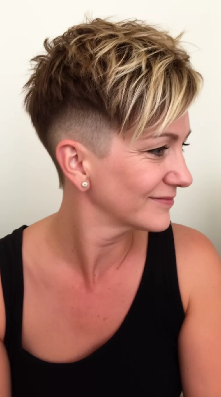casual close-up photo of a 35-year-old woman wearing a black tank top with a brown hairstyle featuring blonde highlights in a messy pixie cut with shaved sides, side view, minimal background