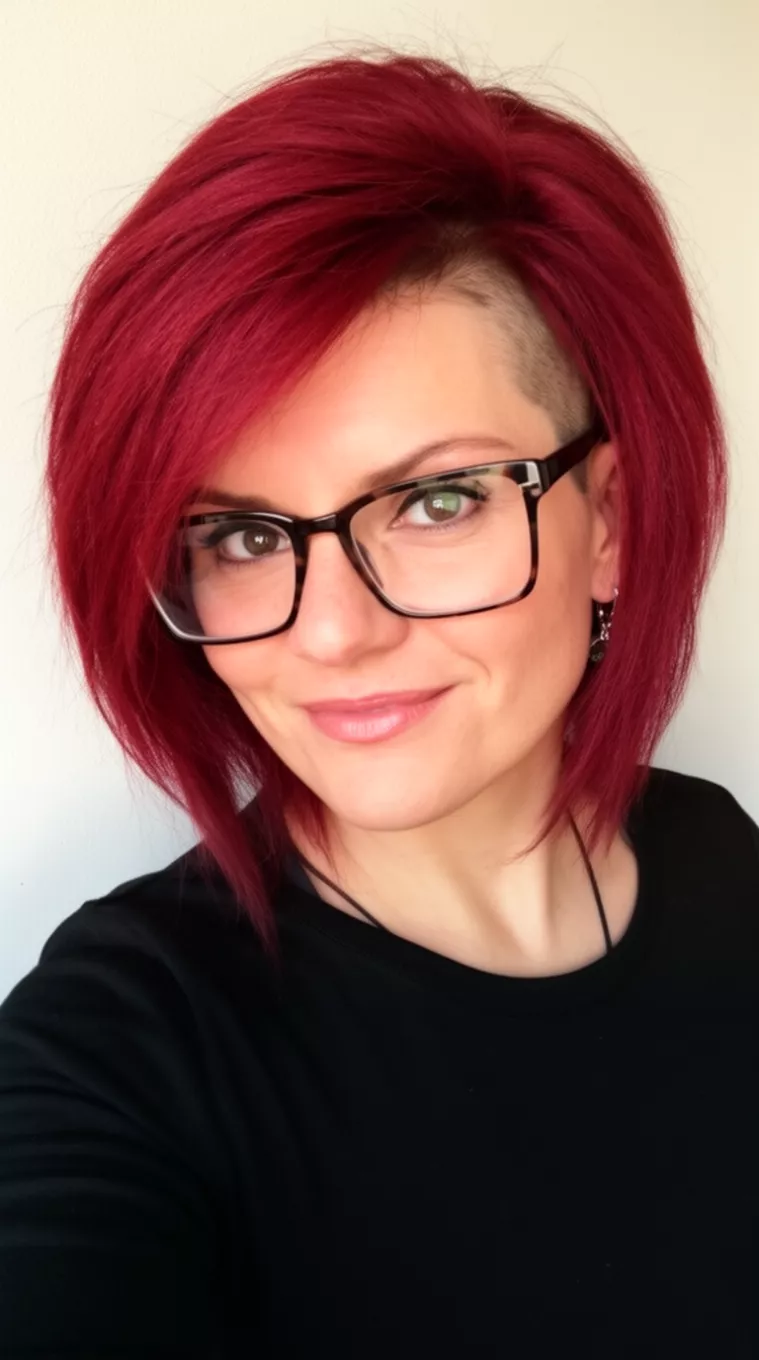 selfie of a 41-year-old woman wearing a black top and glasses with a deep, rich red, voluminous, slightly longer pixie hairstyle with an undercut, minimal background