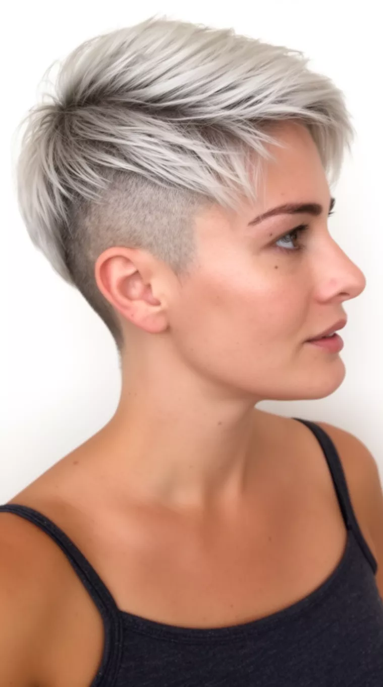 casual close-up photo of a 33-year-old woman wearing a dark strap top with a silver-blonde asymmetrical pixie hairstyle with an undercut, profile view, white background