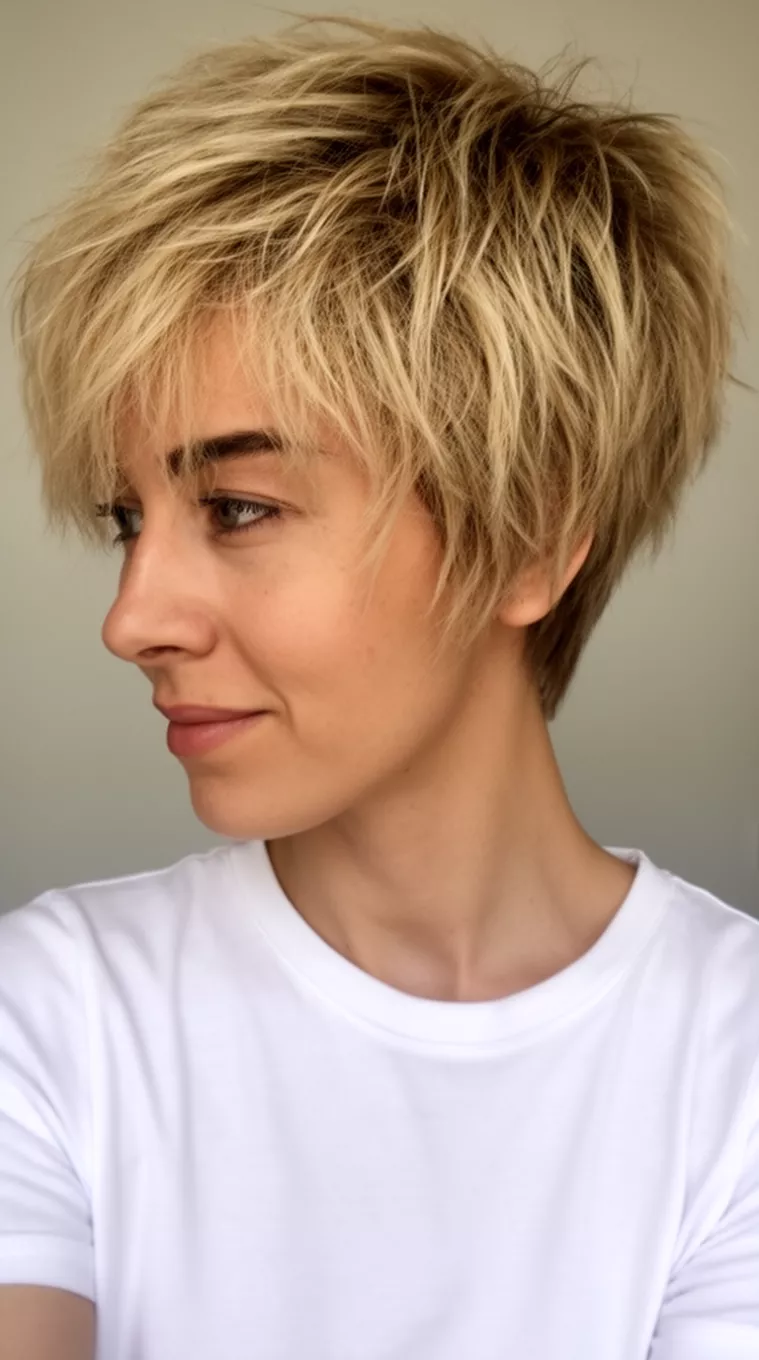 casual close-up photo of a 30-year-old woman wearing a white top with a shaggy, layered, medium blonde hairstyle in a pixie cut, side view, minimal background