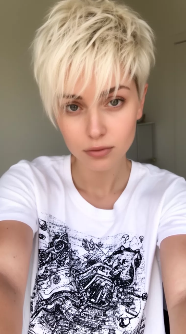 selfie of a 29-year-old woman wearing a white graphic t-shirt with a platinum blonde textured pixie cut and wispy bangs, looking forward, minimal background