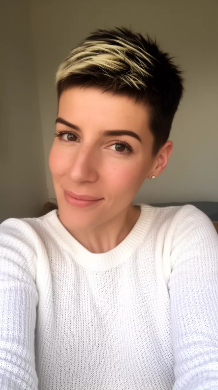 selfie of a 31-year-old woman wearing a white knit, long-sleeved top with a dark, tapered pixie cut featuring blonde streaks on top, minimal background