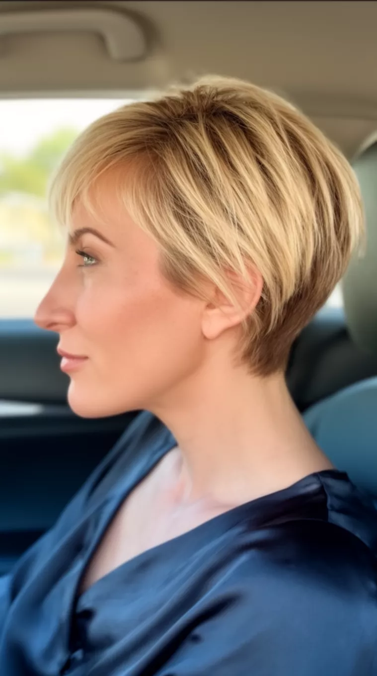casual close-up photo of a 32-year-old woman wearing a dark silk top with a blonde layered pixie hairstyle, profile view, inside a car with soft natural light