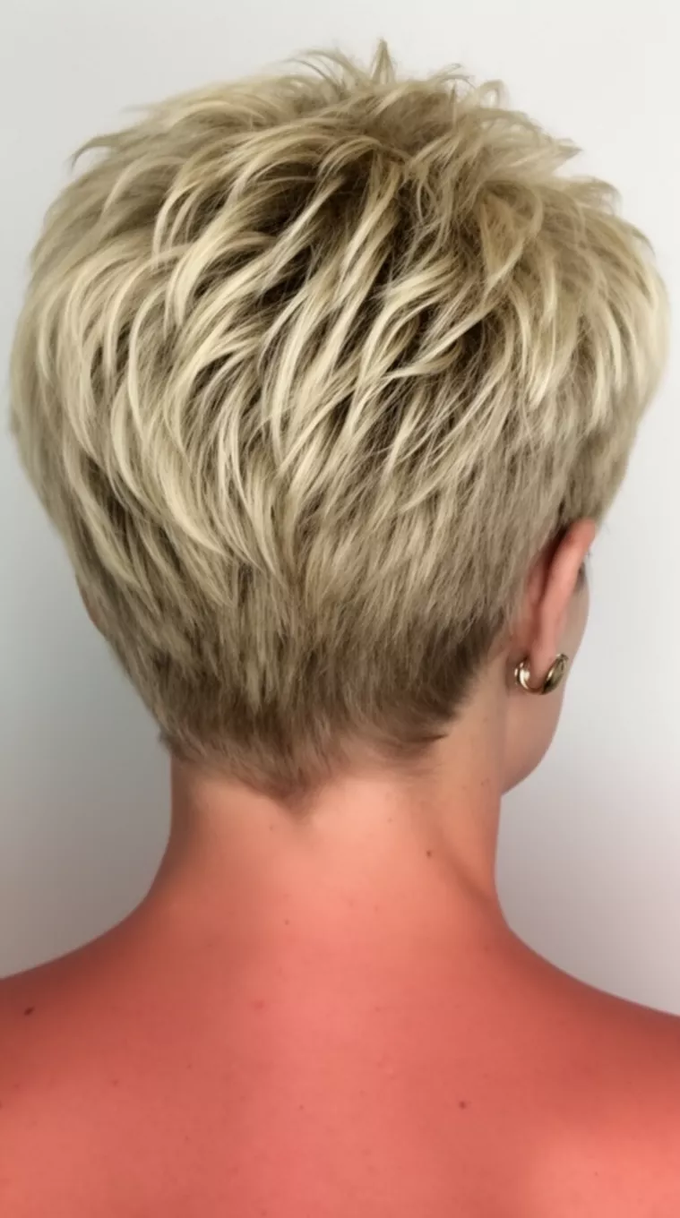 casual close-up photo of a 39-year-old woman wearing an unseen top with a blonde, voluminous, layered pixie hairstyle, back view, minimal background