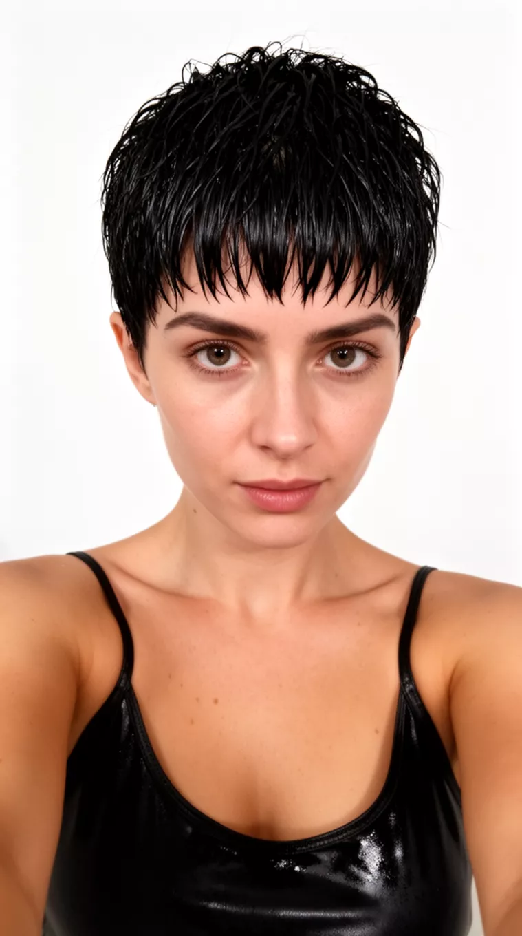 selfie of a 30-year-old woman wearing a black camisole top with a wet-look dark black closely cropped pixie hairstyle and bangs, minimal white studio background