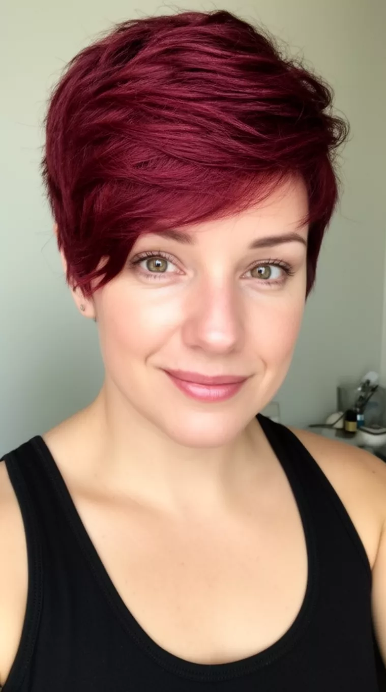 selfie of a 34-year-old woman wearing a black tank top with a rich burgundy, textured, swept-over pixie hairstyle, minimal background