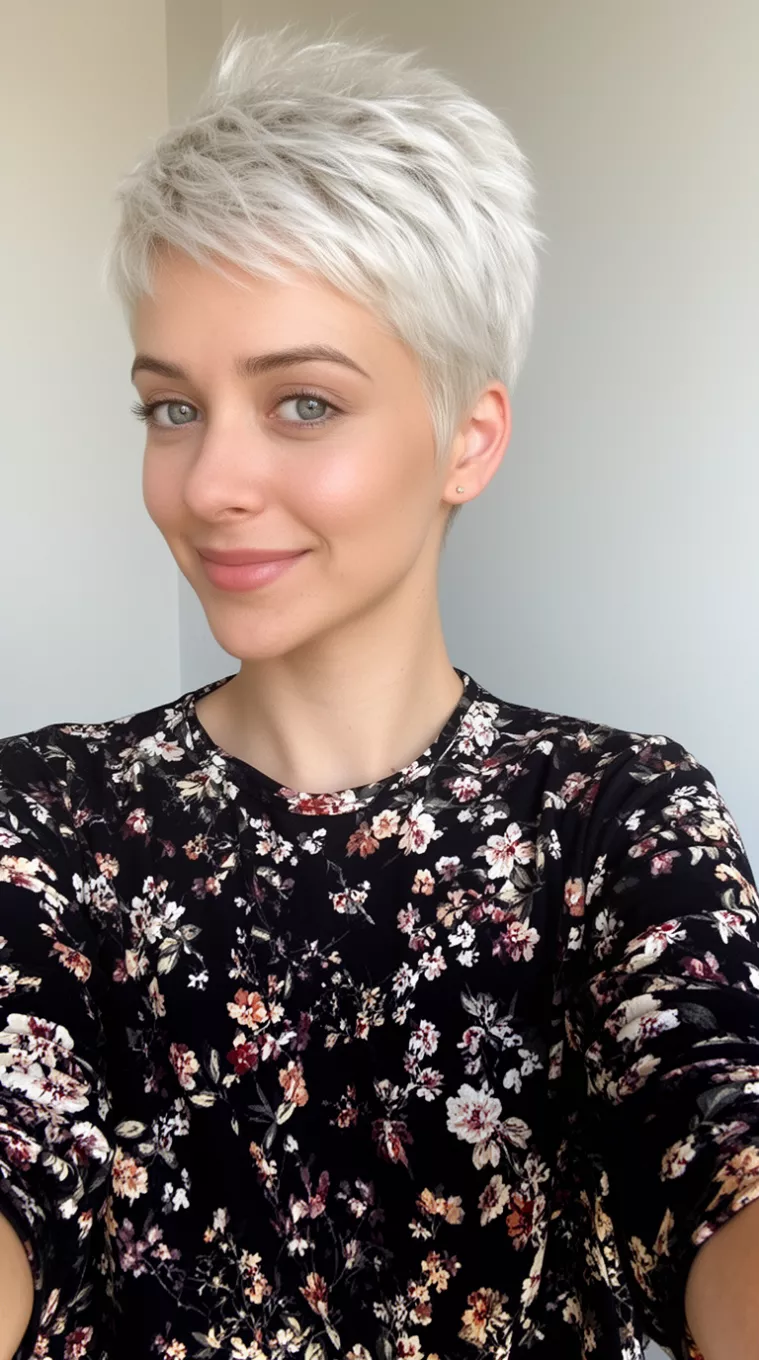 selfie of a 26-year-old woman wearing a black floral print top with a short, bright platinum blonde, textured pixie hairstyle, minimal background