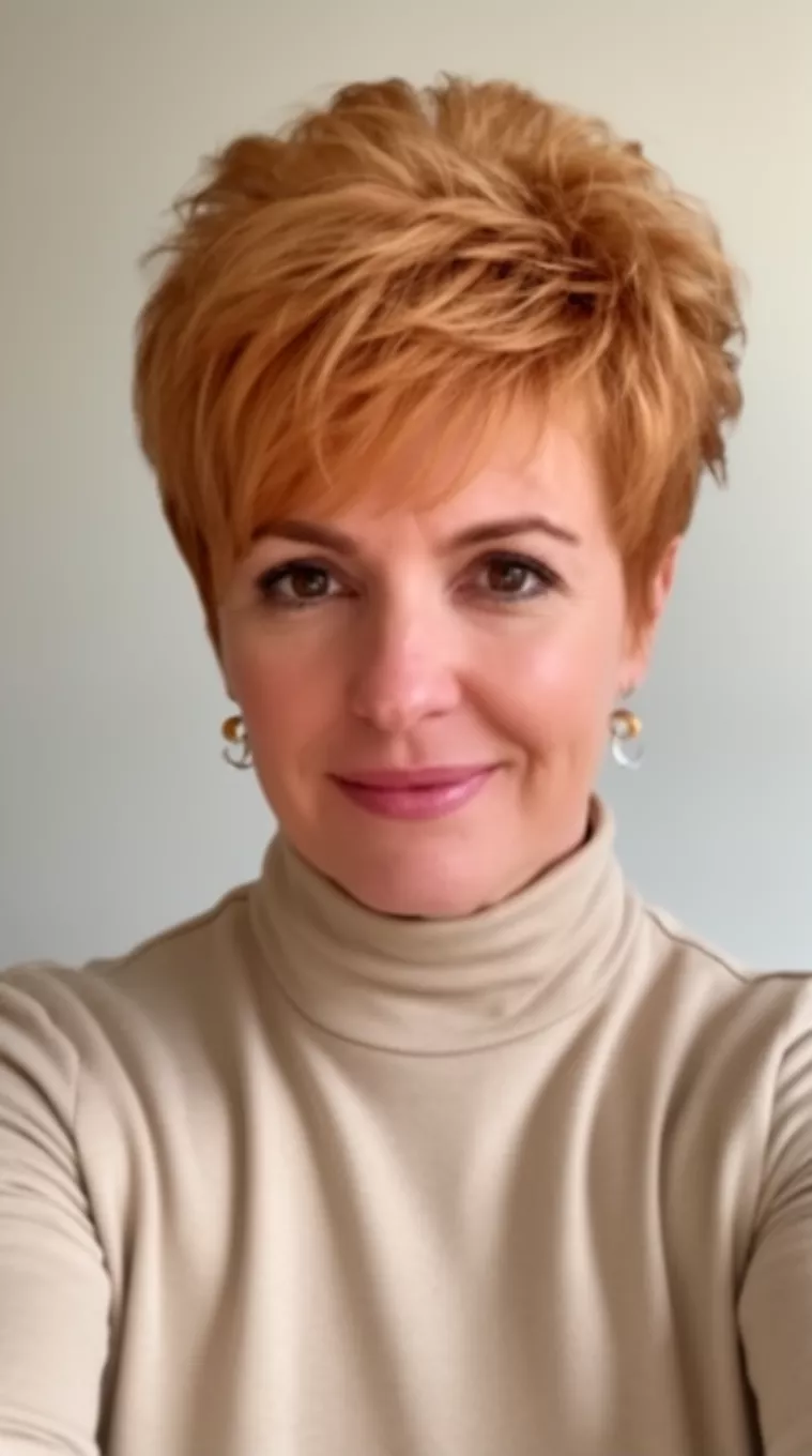 selfie of a 45-year-old woman wearing a beige mock-neck top with a voluminous, short, strawberry blonde pixie hairstyle, minimal background