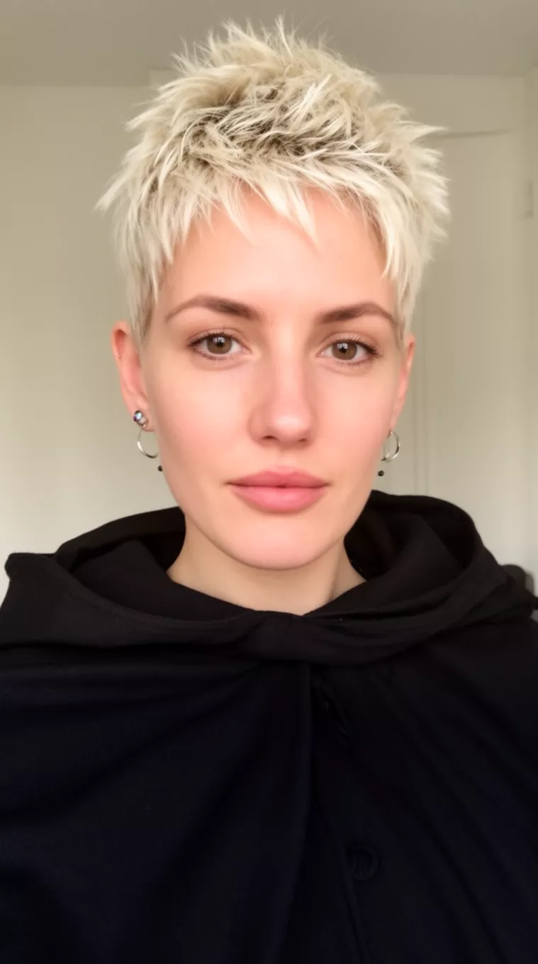 selfie of a 31-year-old woman wearing a black cape with a very short, piecey platinum blonde pixie hairstyle, minimal background