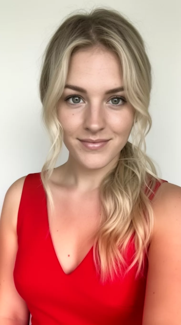 casual close-up photo of a 28-year-old woman wearing a red dress with light blonde wavy hair in a soft low ponytail with loose tendrils, minimal background