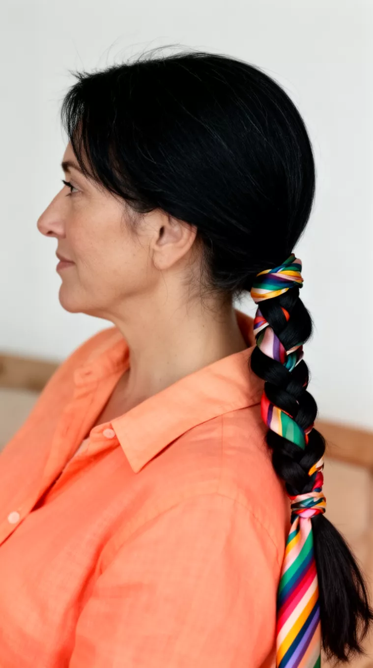 casual close-up side view photo of a 45-year-old woman wearing an orange-peach collared top with sleek dark black hair in a long braid wrapped with a colorful striped silk scarf, minimal background